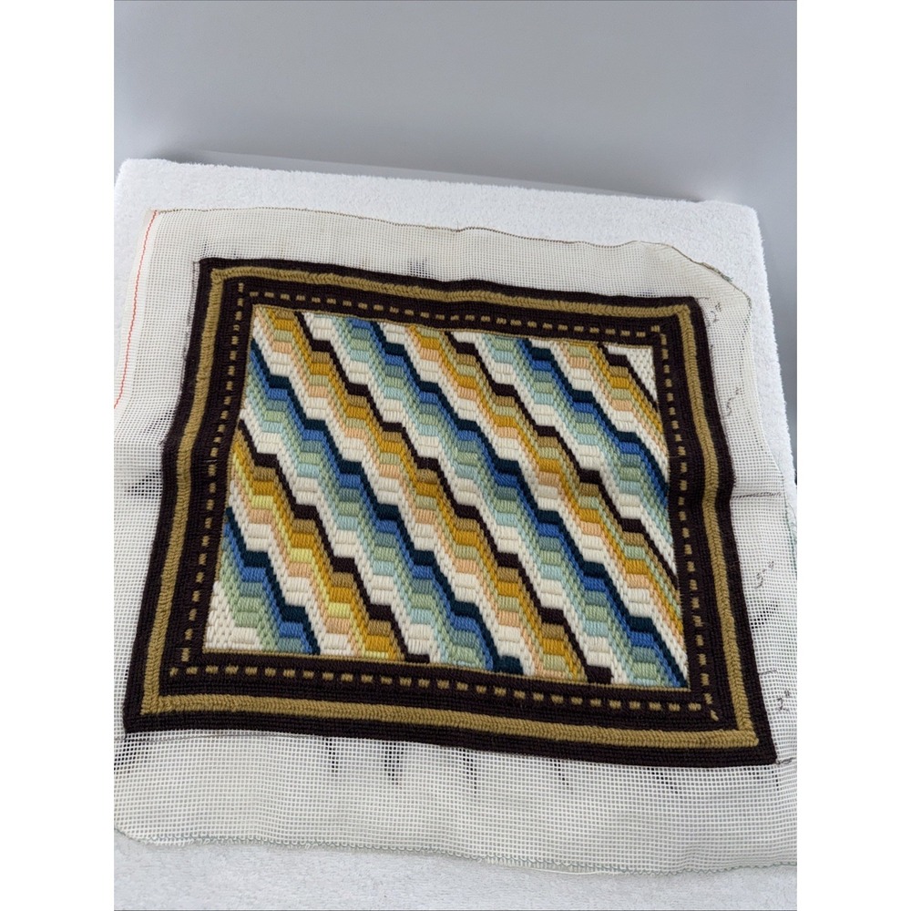 Vintage Needlepoint Unfinished Square Geometric Design Pillow or Framed Art